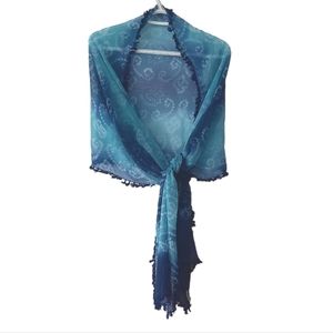 Badgley Mischka Chiffon Sheer Ocean Blue Color Scarf Wrap Fringe Tassels